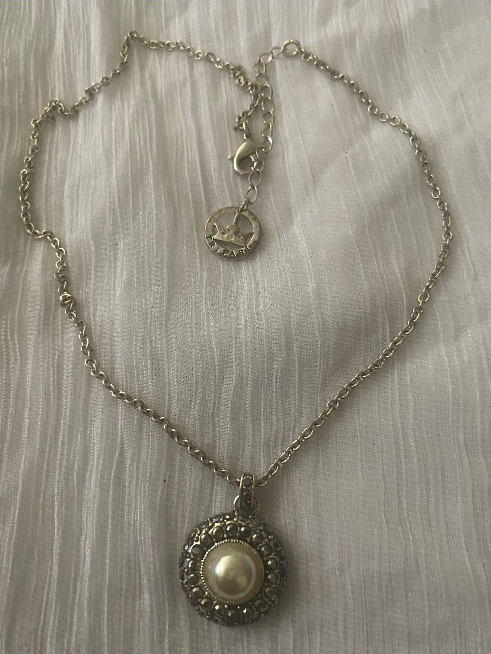 Crown Trifari Faux Pearl and marcasite- style pendant necklace preowned